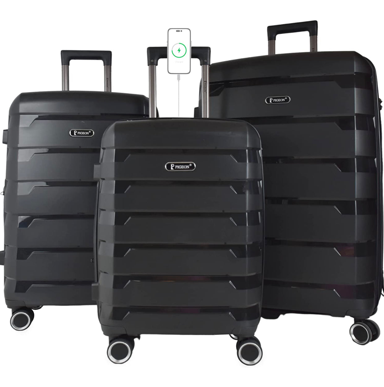 PIGEON New black Luggage Set 3 pcs PP with USB port