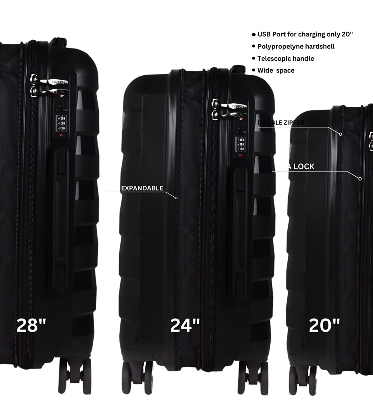 PIGEON New black Luggage 24 Inch PP with protector
