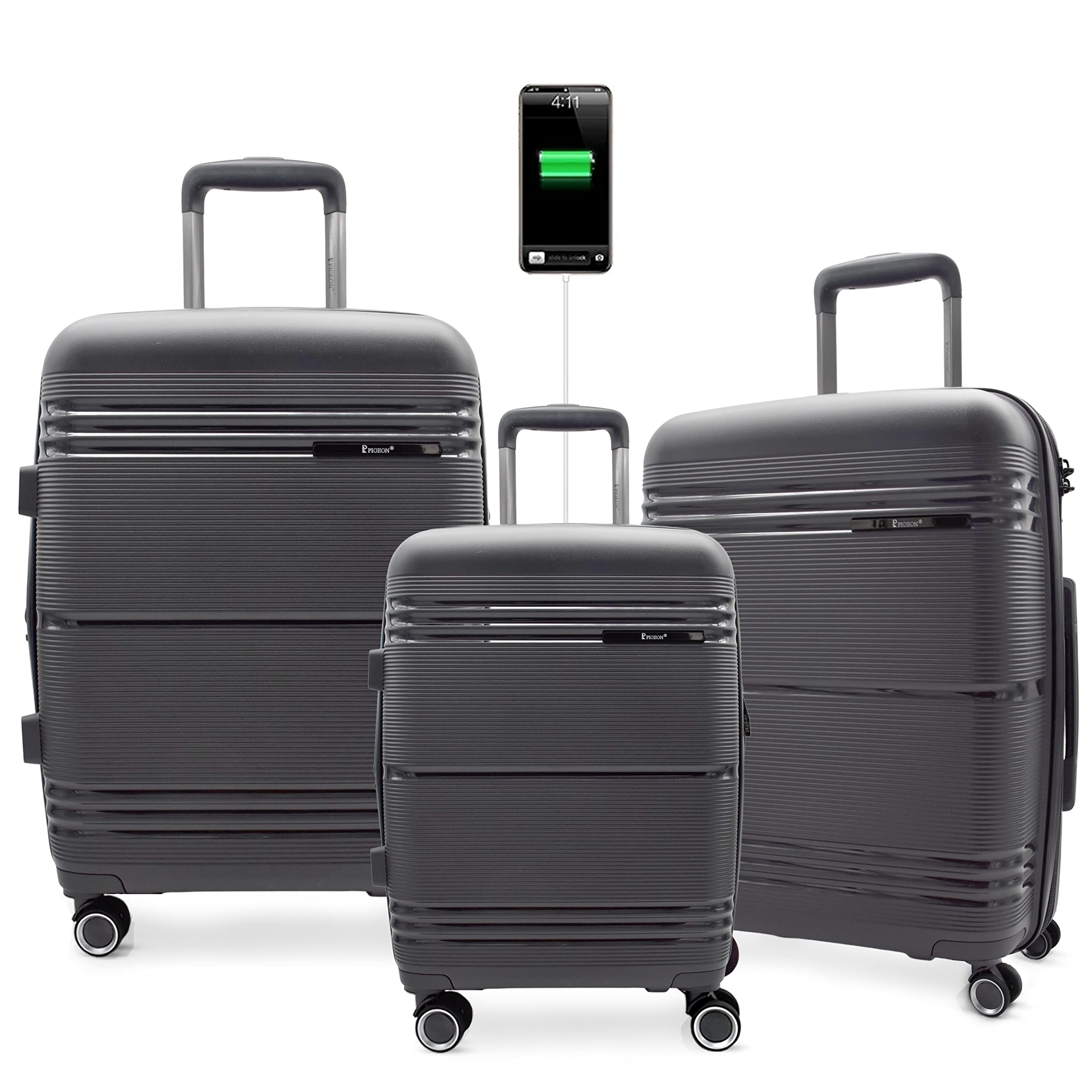 PIGEON Luggage Set Hardshell - Set of 3, Carryon, 24 Inch, Large luggage 28 Inch, Expandable, 4 smooth Double spinner wheels and more (Set of 3, Light Gray