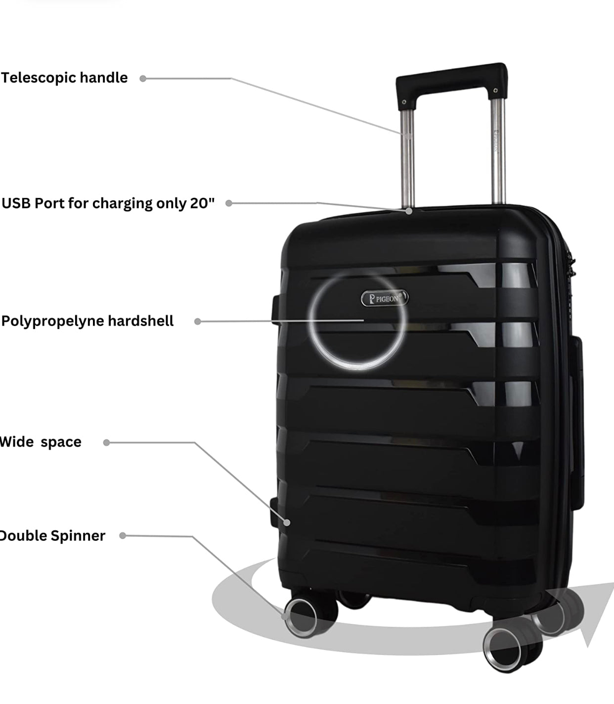 PIGEON New black Luggage Carry On 20 Inch PP with USB port